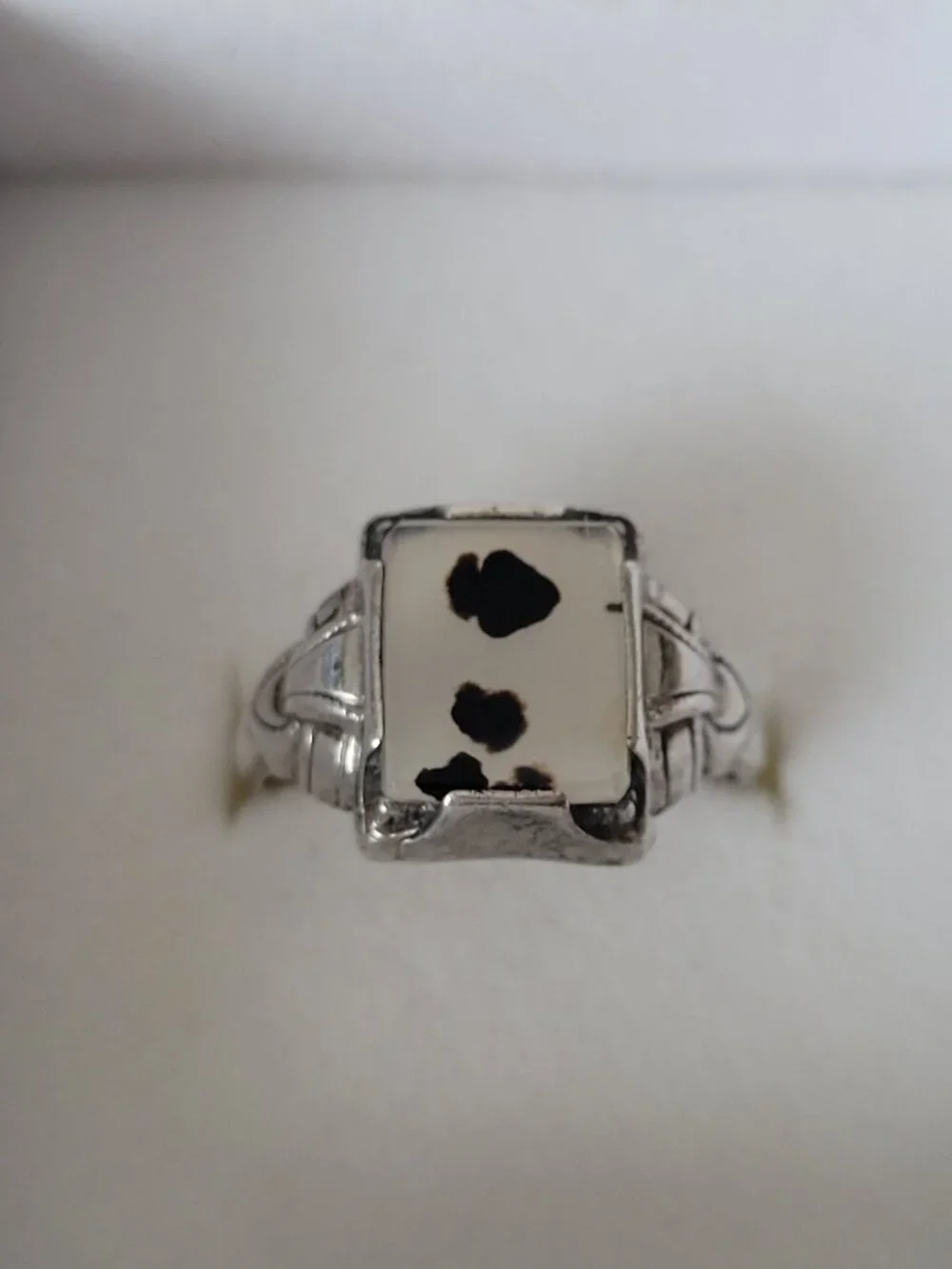 Art Deco Moss Agate Sterling Ring Ostby Barton Signet